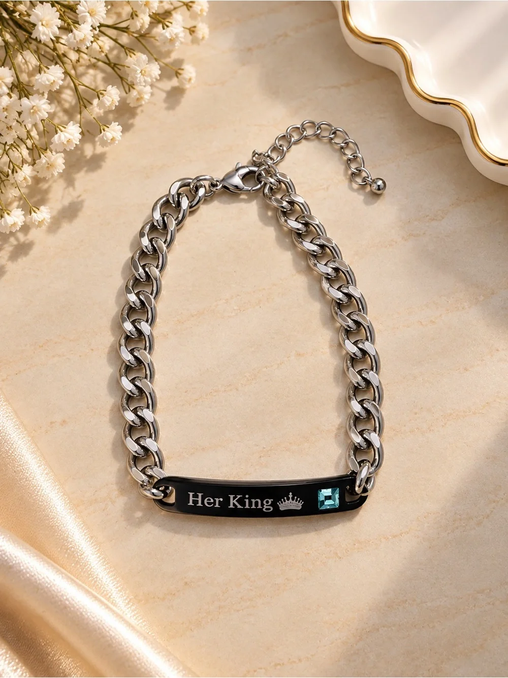 Her King Silver-Tone Stainless Steel Bracelet with Black Plate